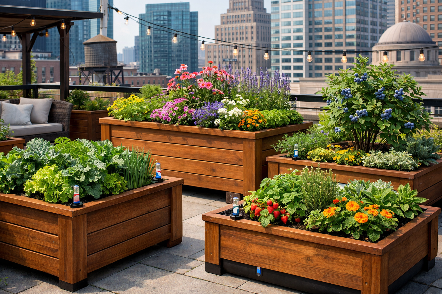 Detailed () image depicting an elegant outdoor urban gardening space, such as a rooftop terrace or a small balcony, adorned
