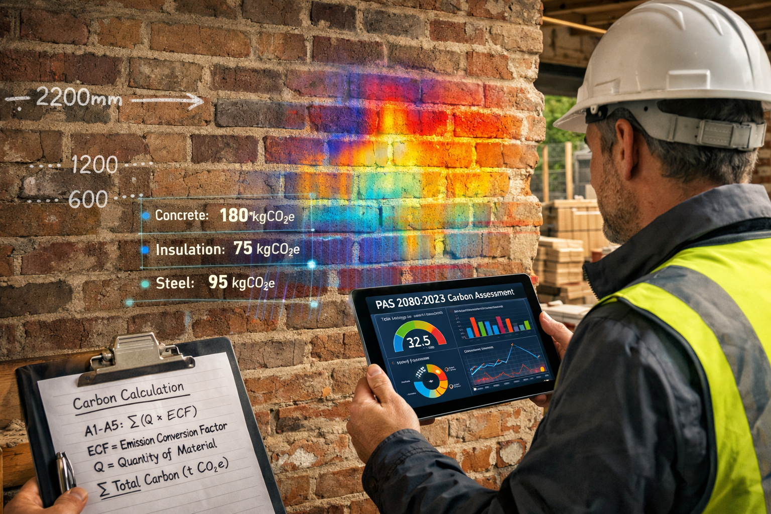 Detailed () image showing professional surveyor in hard hat examining party wall with digital tablet displaying PAS