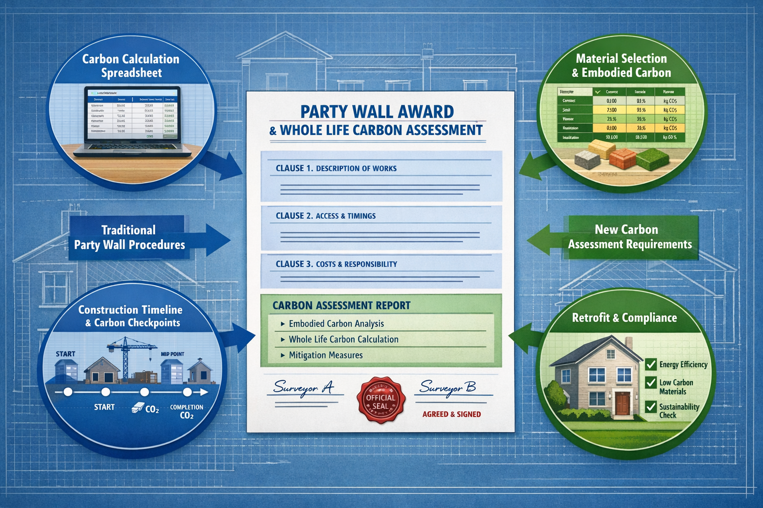 Comprehensive () infographic illustration displaying party wall award document template with integrated whole life carbon