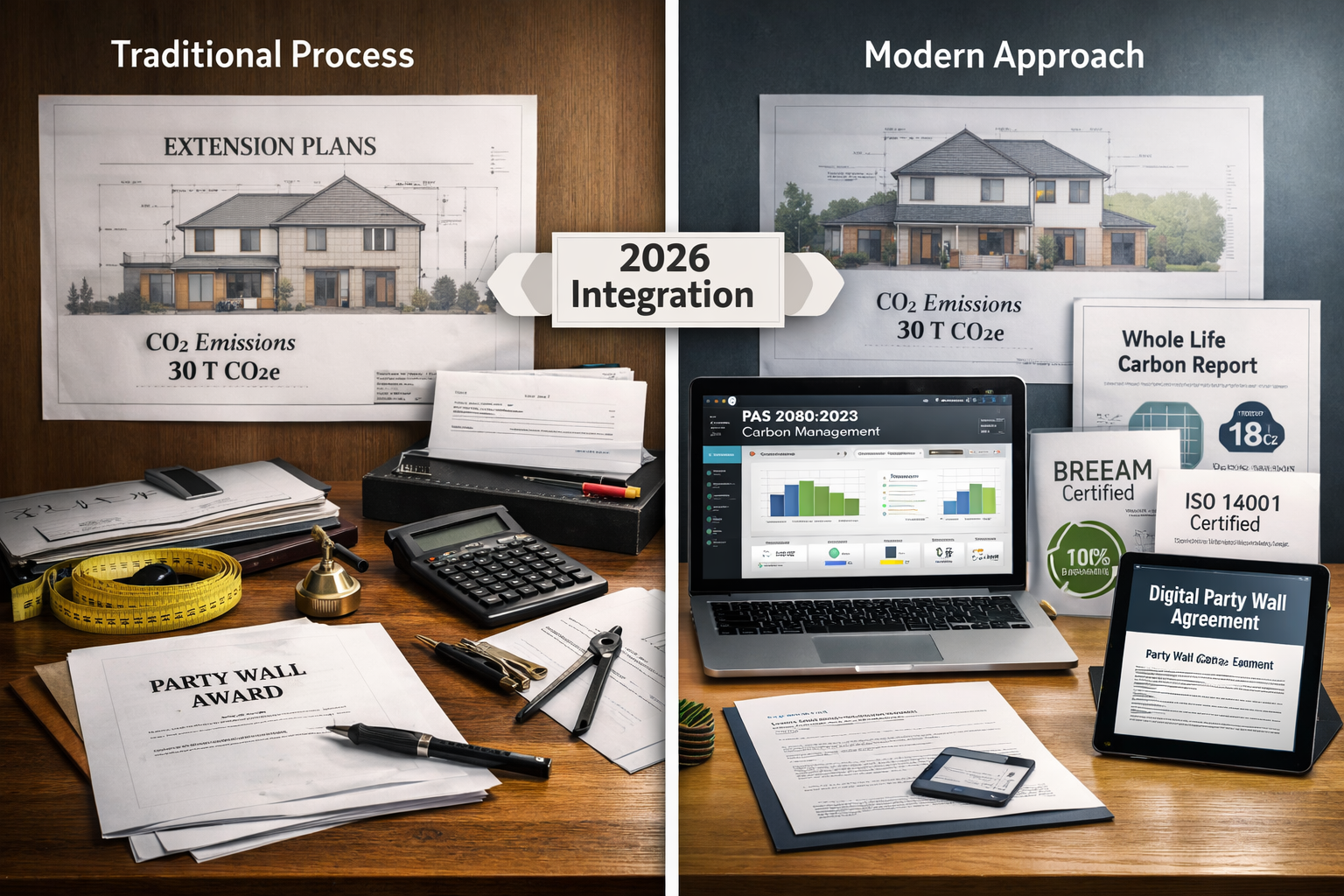 Detailed () split-screen comparison image showing before-and-after scenarios of 2026 extension projects. Left side displays