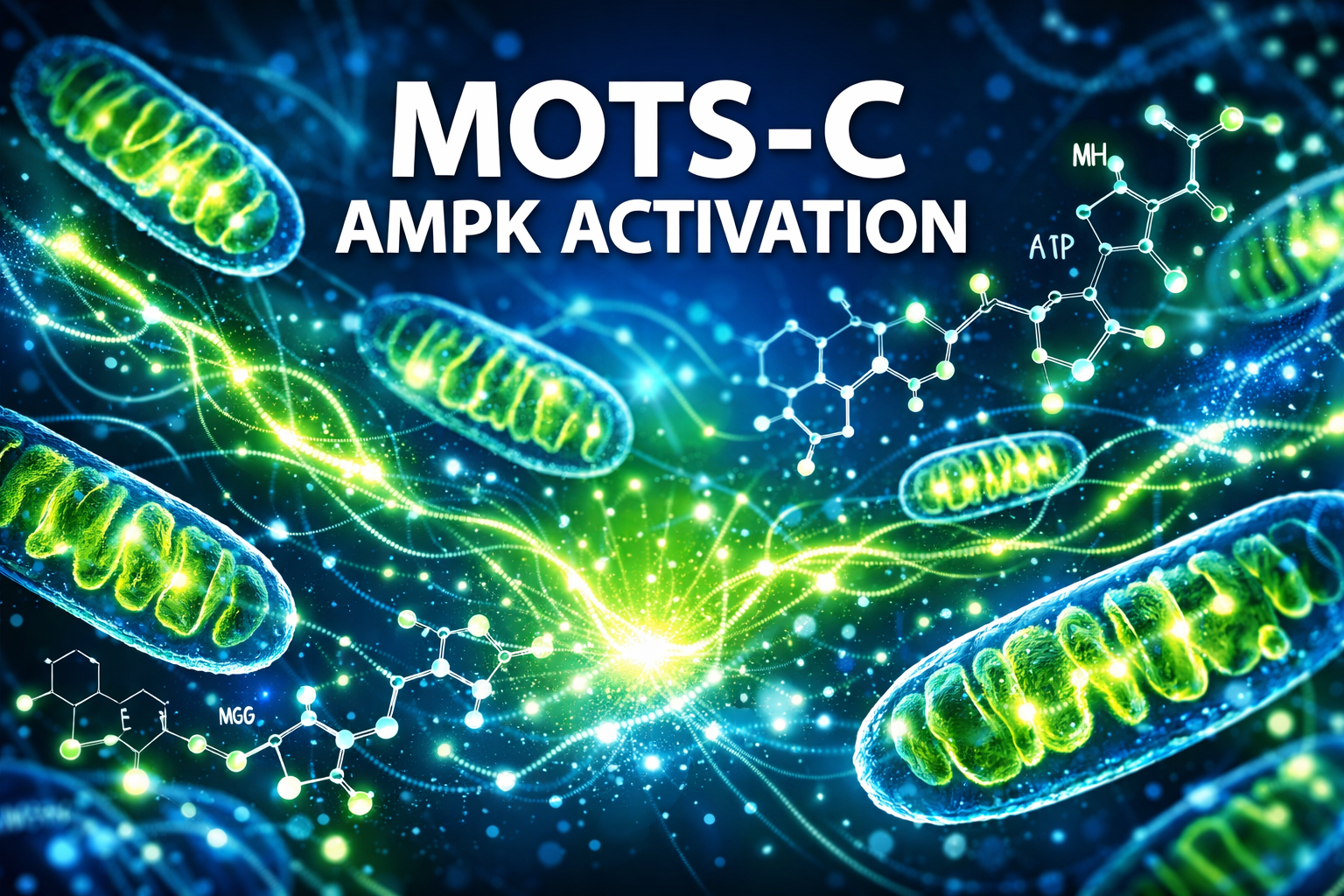 Professional landscape format (1536x1024) hero image featuring bold text overlay 'MOTS-C AMPK ACTIVATION' in extra large 72pt white sans-ser