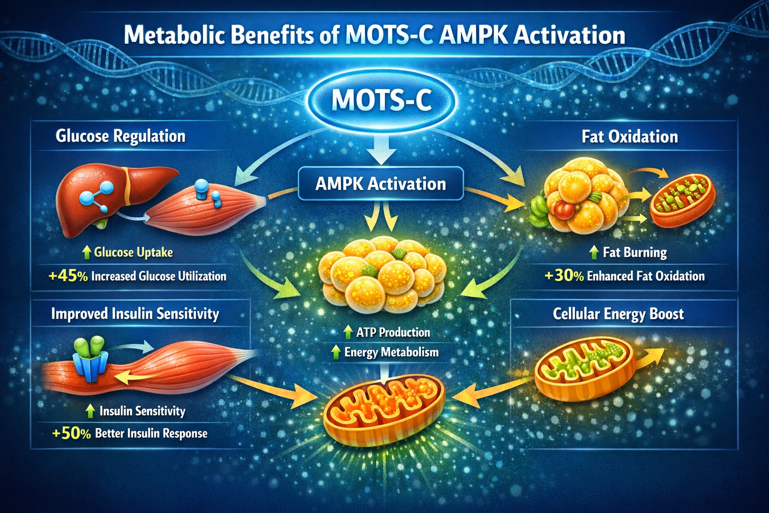 Professional landscape format (1536x1024) infographic displaying metabolic benefits of MOTS-C AMPK activation including glucose regulation, 