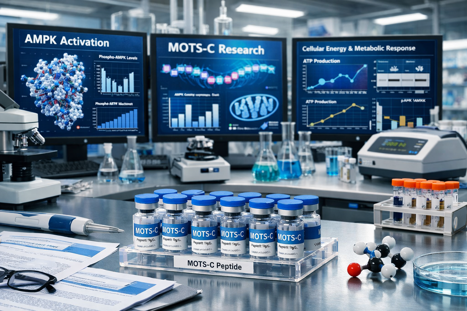 Detailed landscape format (1536x1024) research laboratory scene showing peptide vials, scientific equipment, molecular analysis screens disp