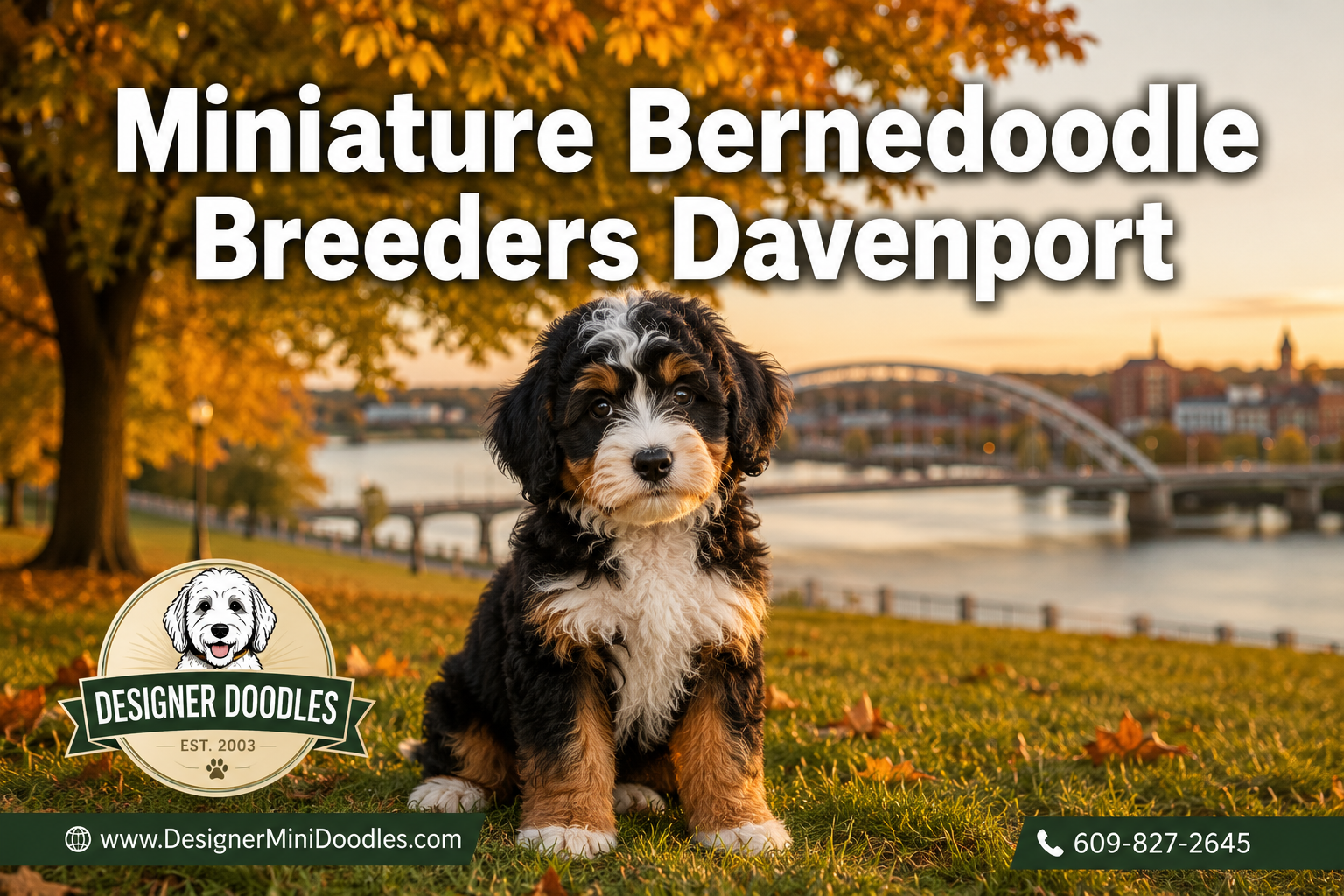 Professional () hero image featuring 'Miniature Bernedoodle Breeders Davenport' in extra large white with dark effect,