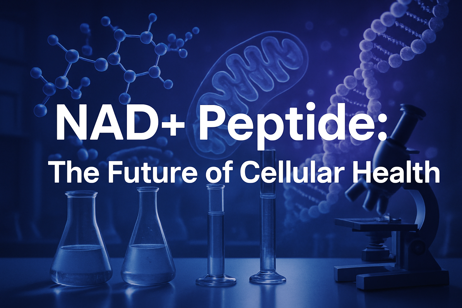 Professional landscape hero image (1536x1024) featuring bold text overlay 'NAD+ Peptide: The Future of Cellular Health' in extra large 72pt
