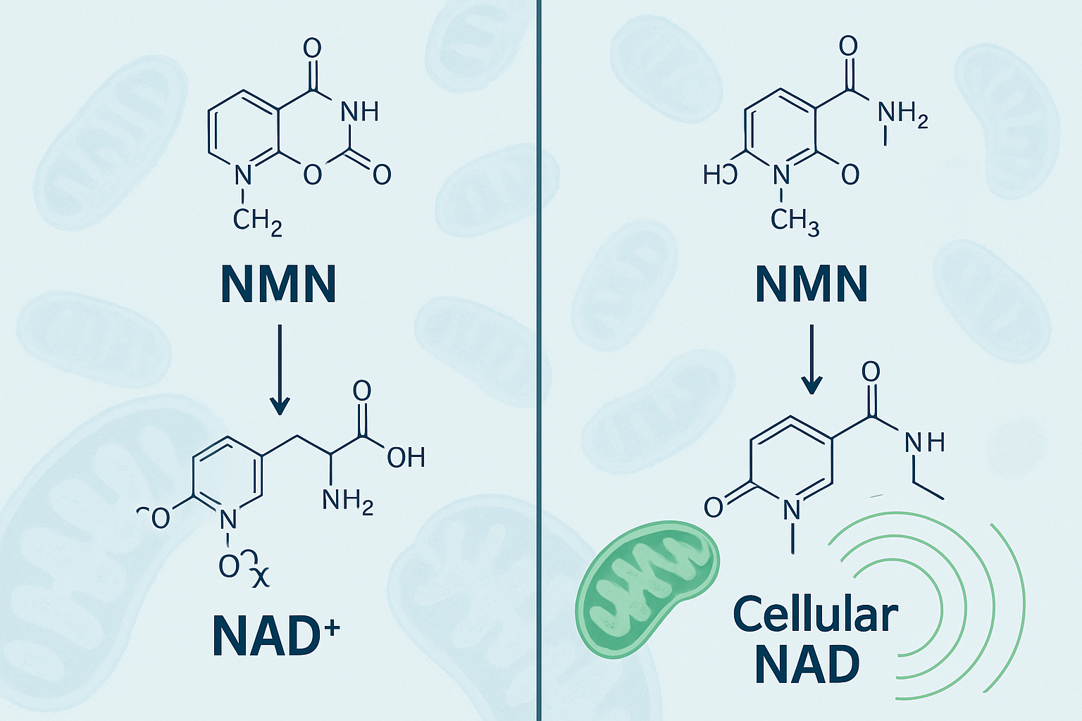 Detailed scientific illustration showing NAD+ molecular pathway conversion process from NMN and NR precursors to cellular NAD+. Split-screen