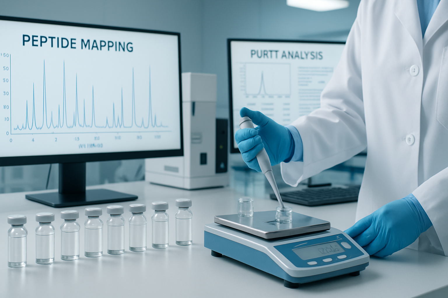 Professional research laboratory scene showing peptide formulation and testing equipment. Multiple glass vials containing clear peptide solu