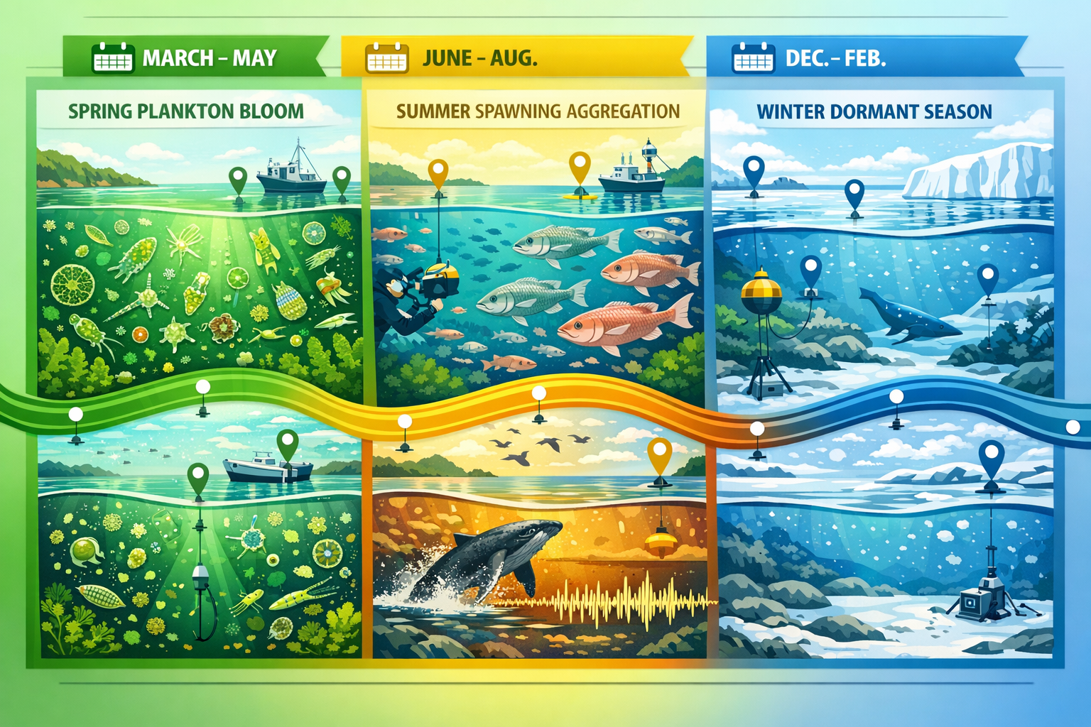 Detailed () illustration showing four-panel seasonal progression of marine ecosystem monitoring from spring through winter.