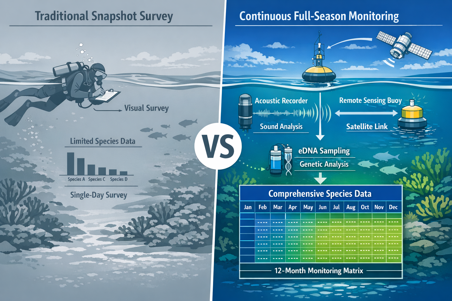 Detailed () technical illustration comparing traditional snapshot survey method versus continuous full-season monitoring