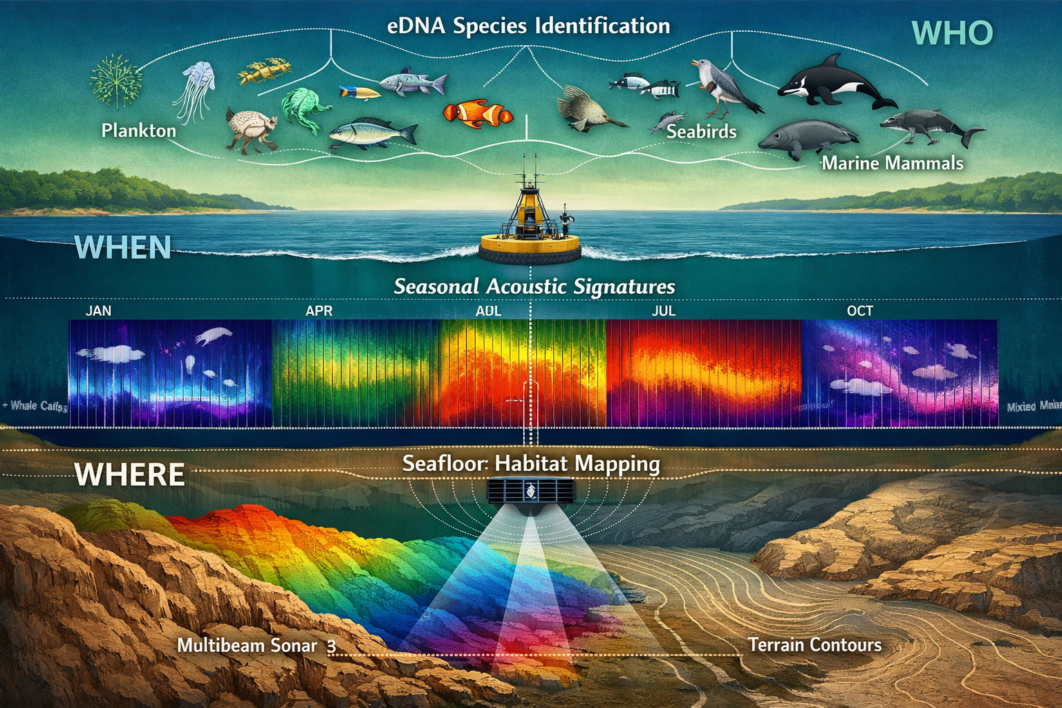 Detailed () conceptual illustration of integrated marine biodiversity monitoring framework answering 'where, when, who'