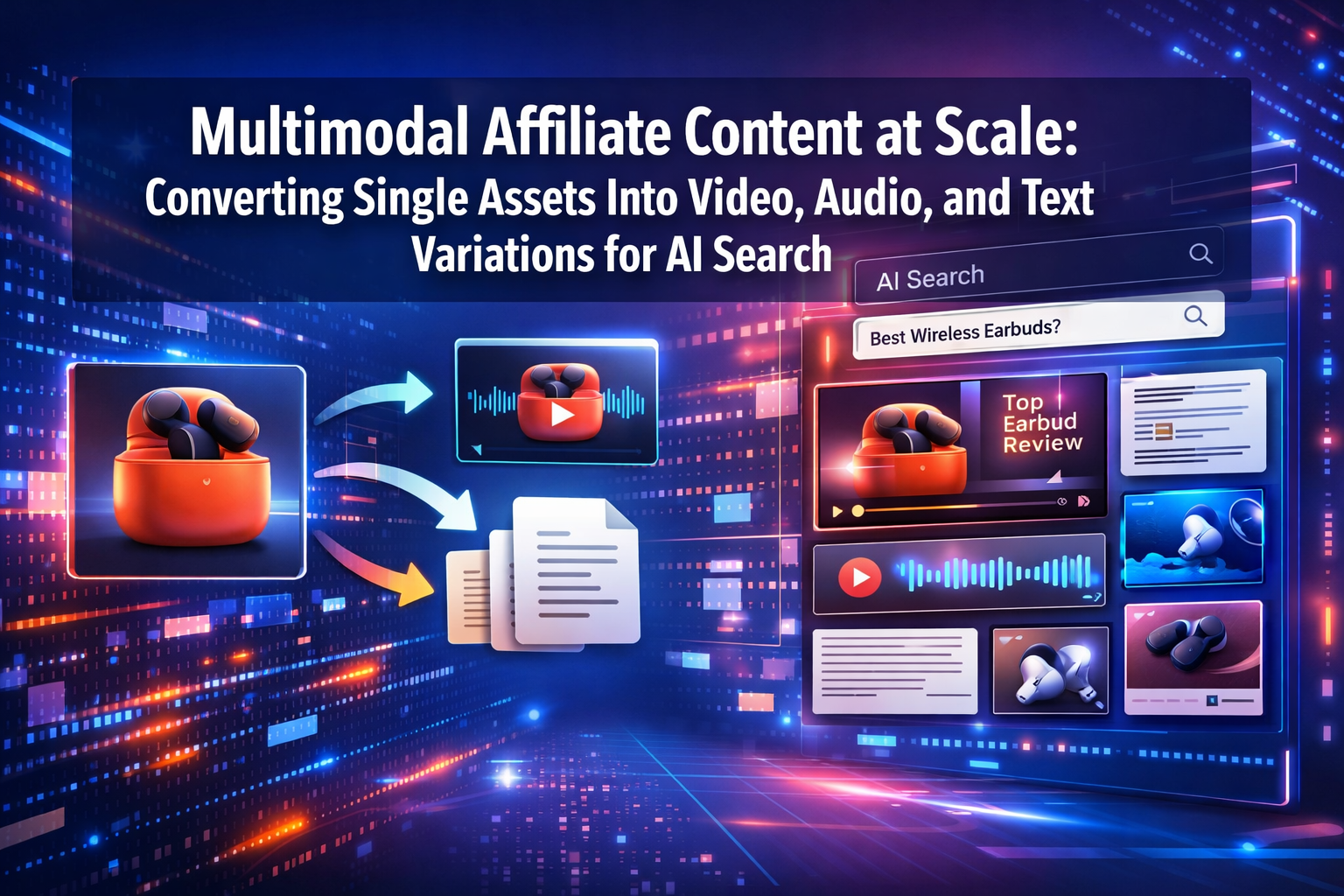 Professional () hero image with 'Multimodal Affiliate Content at Scale: Converting Single Assets Into Video, Audio, and Text
