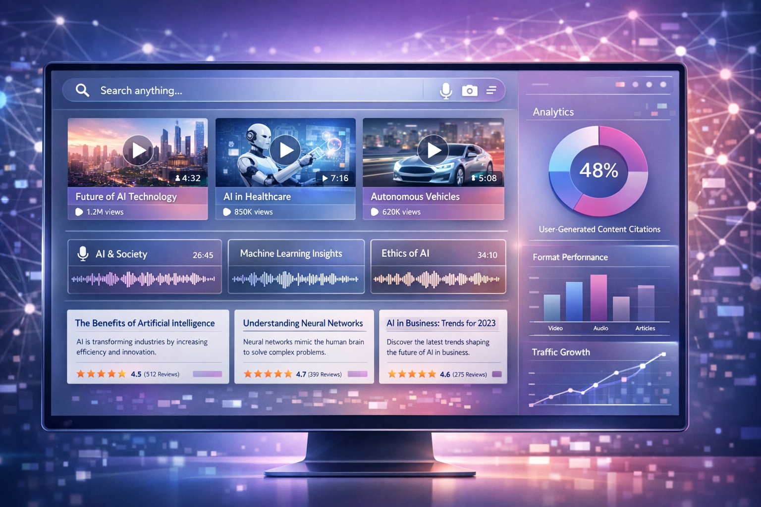 Detailed () image depicting AI search engine results page on large monitor screen showing multimodal search results grid: