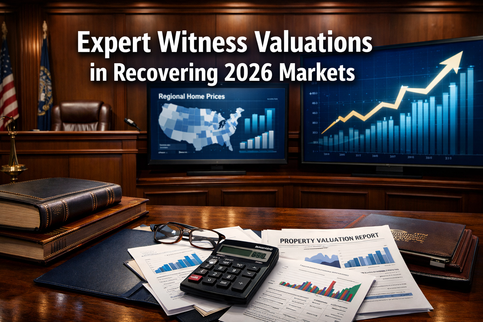 Professional () hero image with : 'Expert Witness Valuations in Recovering 2026 Markets' in extra large white with dark ,