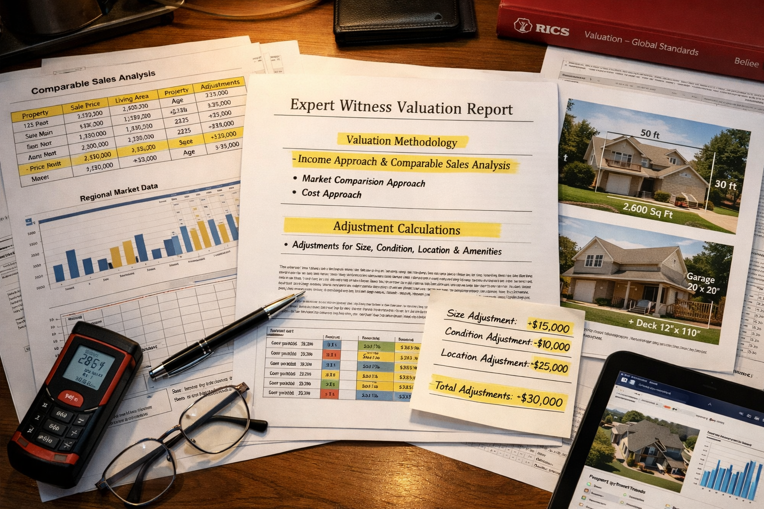 () image depicting close-up of comprehensive expert witness valuation report document spread across desk, with highlighted