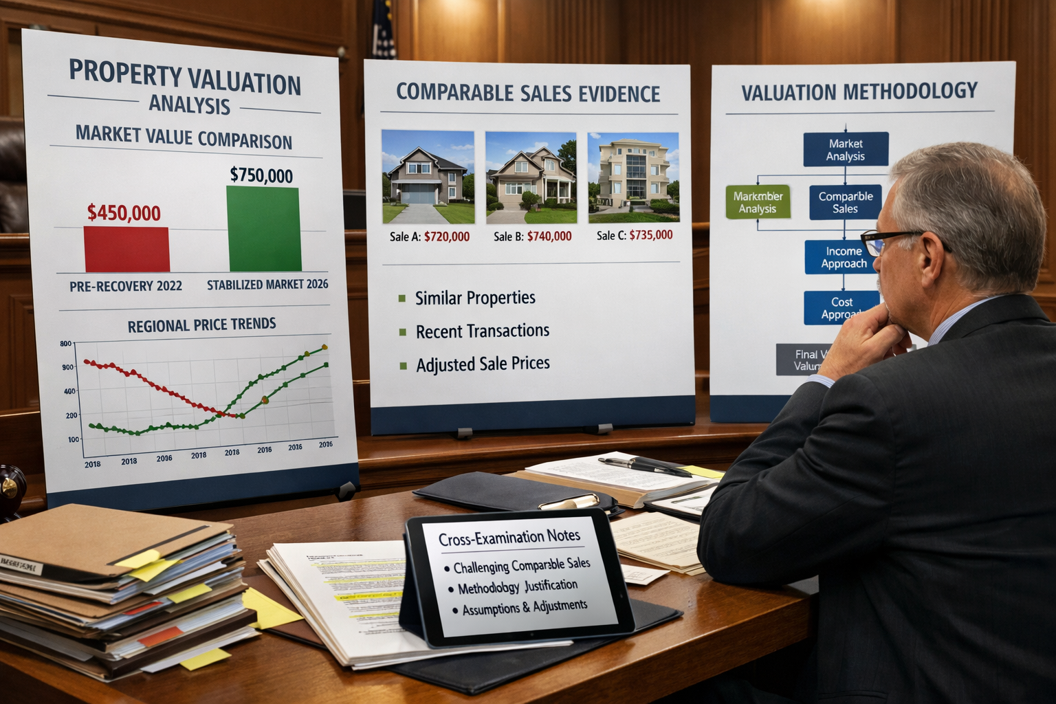 () image showing professional courtroom preparation scene with expert witness reviewing large-format presentation boards