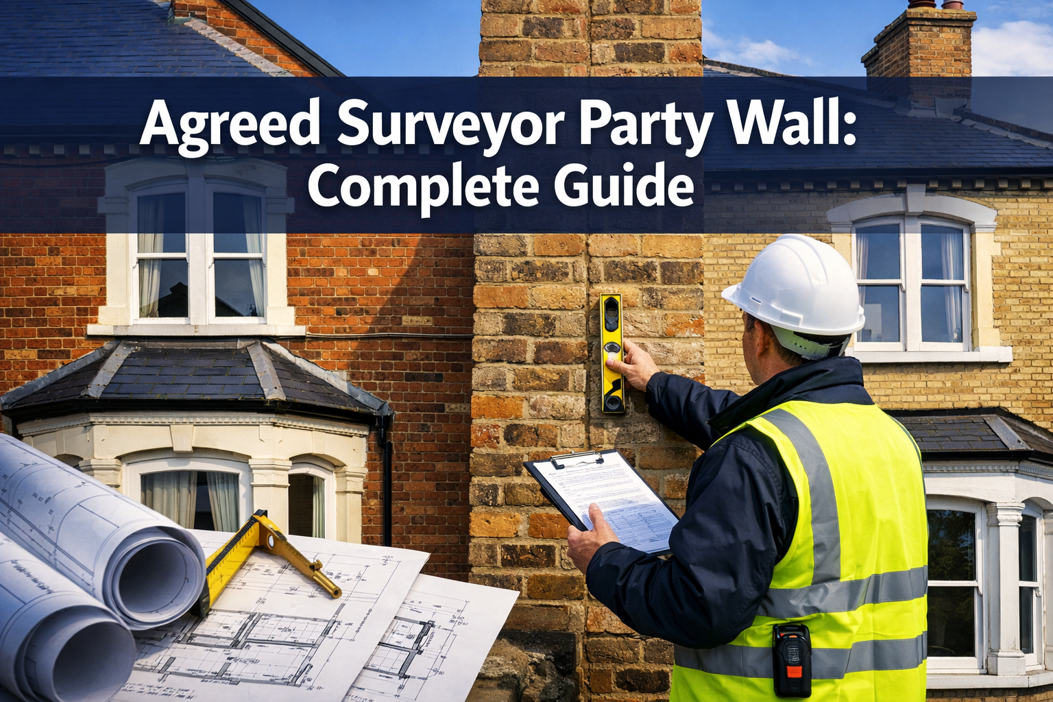 Professional landscape hero image (1536x1024) featuring bold text overlay 'Agreed Surveyor Party Wall: Complete Guide' in extra large 72pt w
