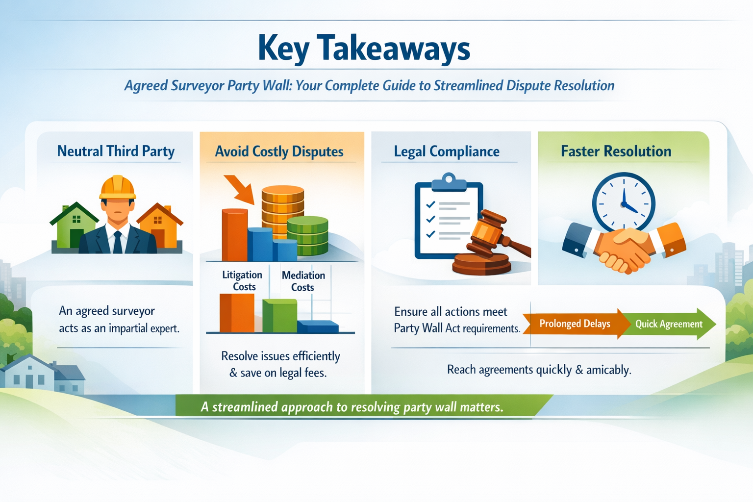 Professional landscape infographic (1536x1024) for article "Agreed Surveyor Party Wall: Your Complete Guide to Streamlined Dispute Resolutio