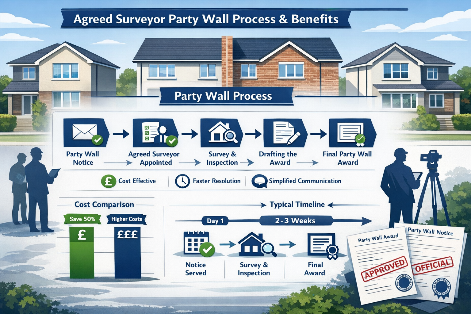 Comprehensive landscape infographic (1536x1024) illustrating agreed surveyor party wall benefits and process flow, central flowchart showing