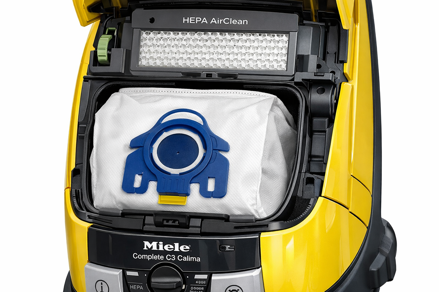 Miele Complete C3 Calima HEPA filtration system and bagged design closeup