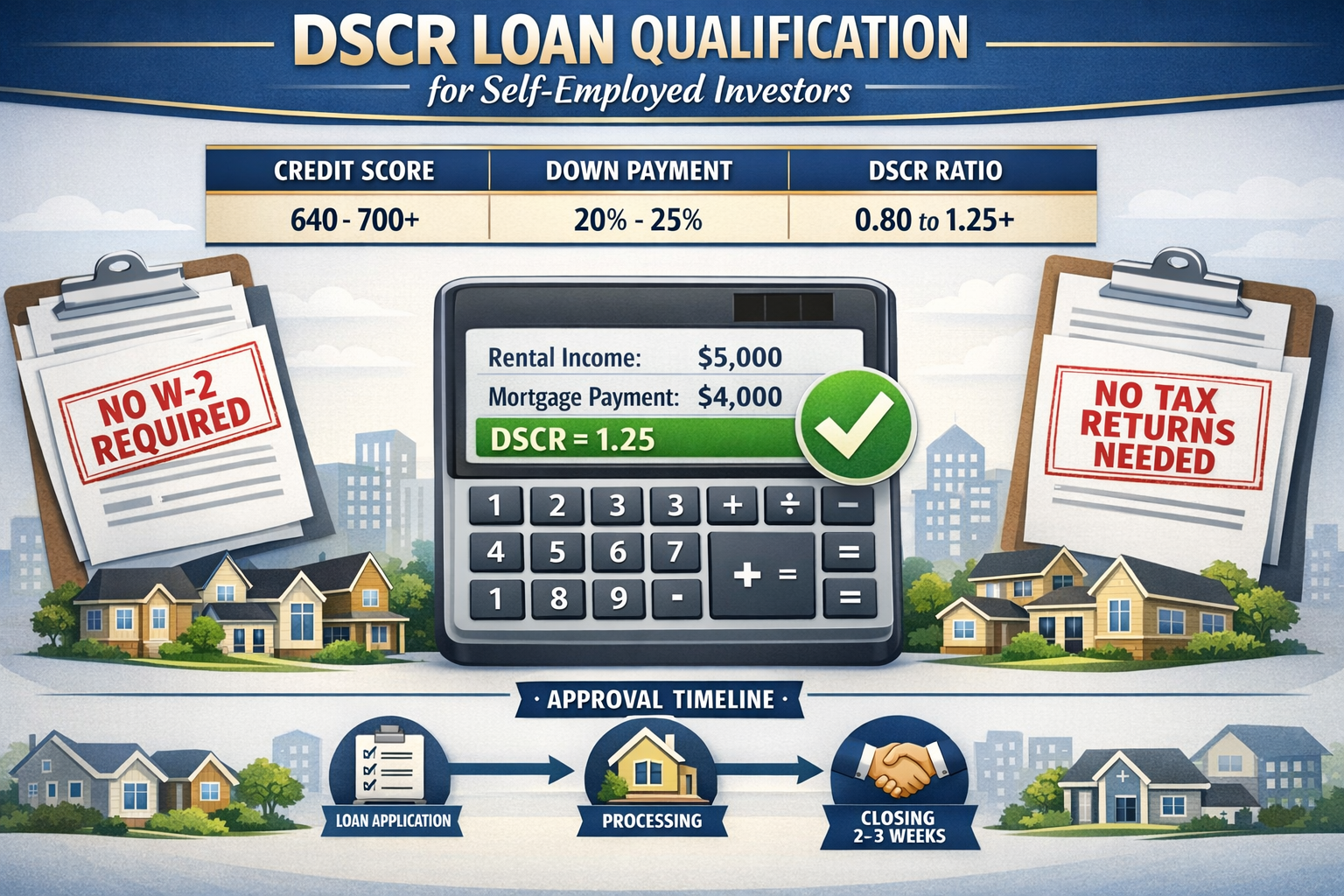 Detailed landscape format (1536x1024) infographic showing DSCR loan qualification process for self-employed investors. Visual includes three