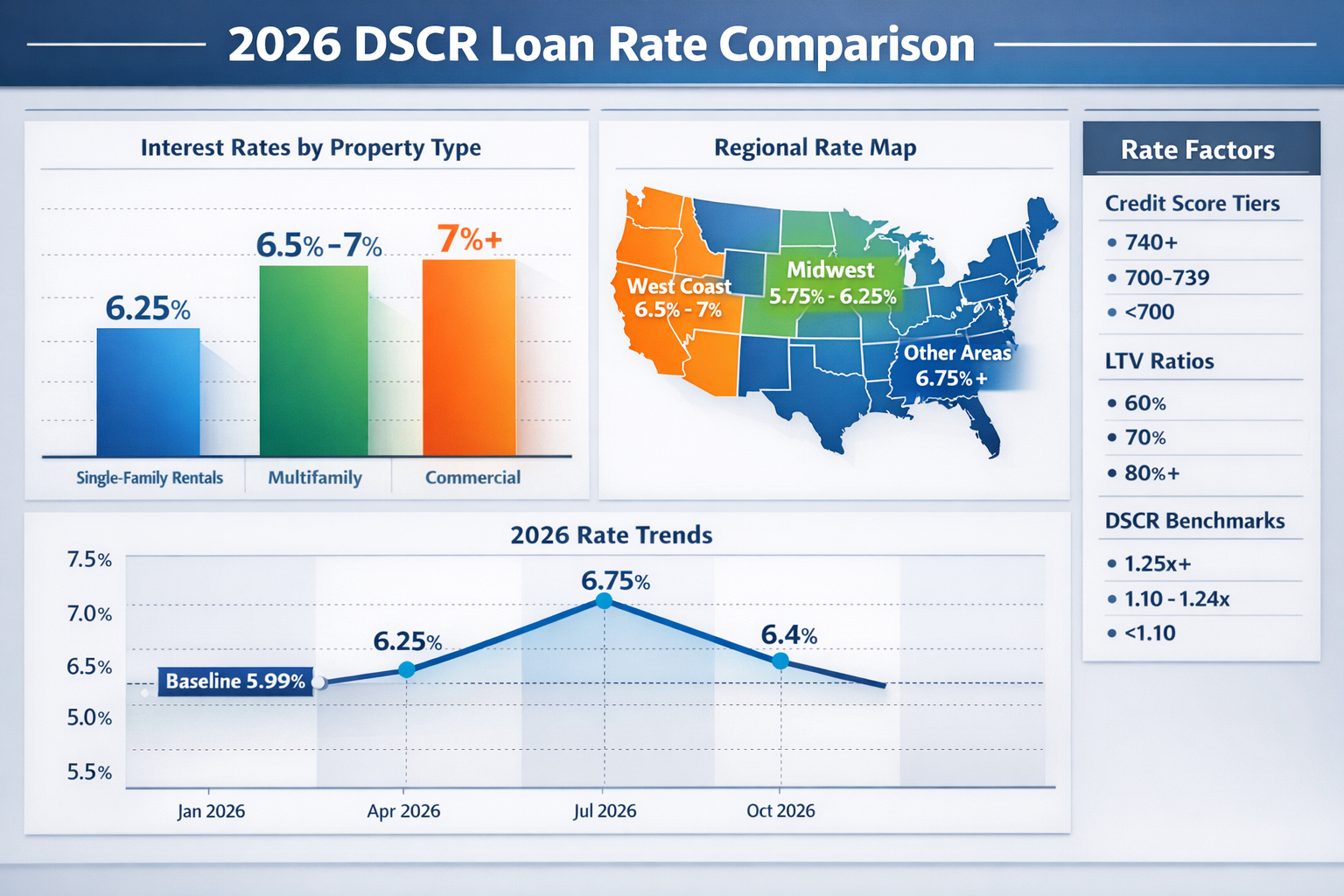 Comprehensive landscape format (1536x1024) rate comparison visualization for 2026 DSCR loans. Main element is detailed bar chart comparing i