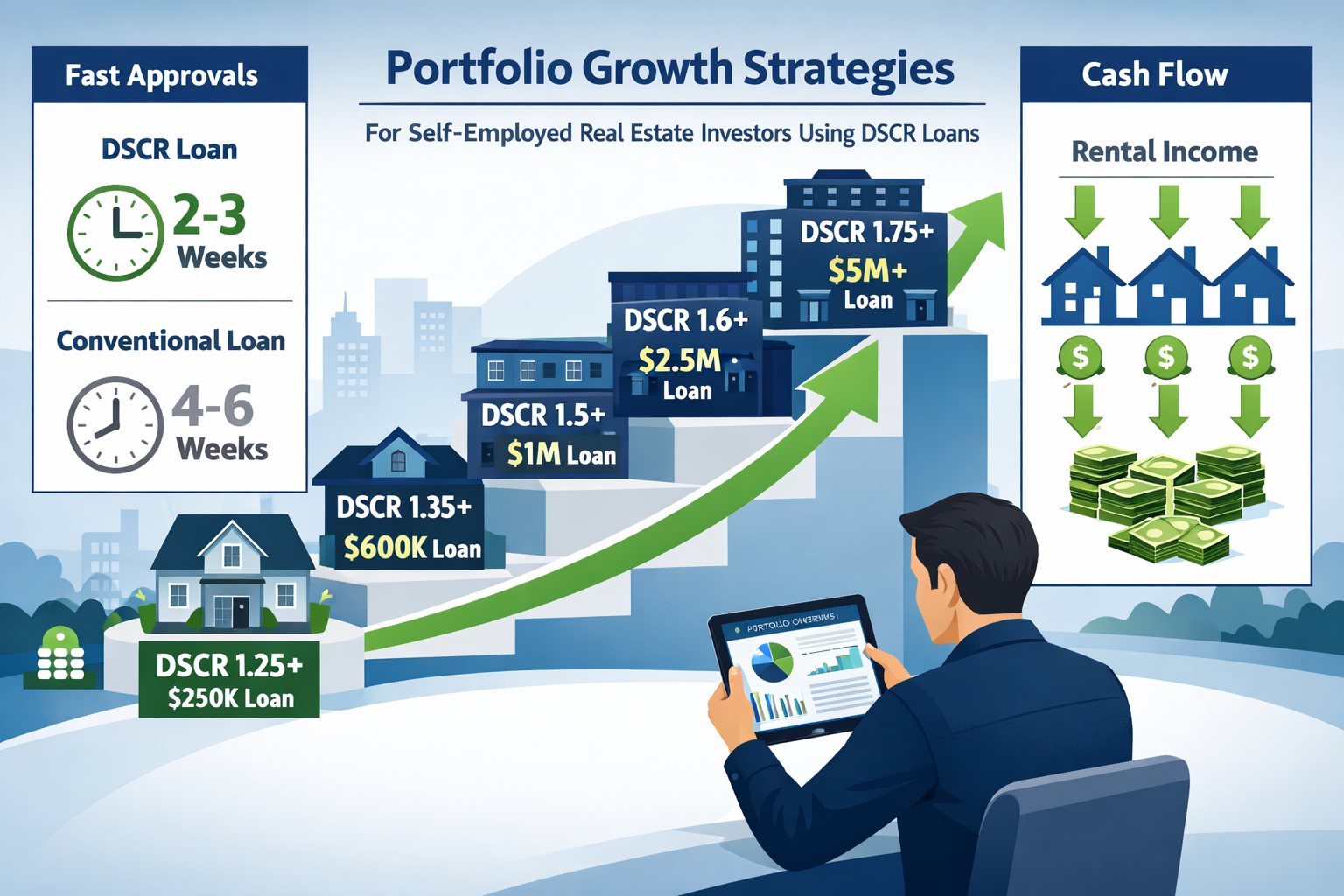 Strategic landscape format (1536x1024) illustration showing portfolio growth strategies for self-employed real estate investors using DSCR l