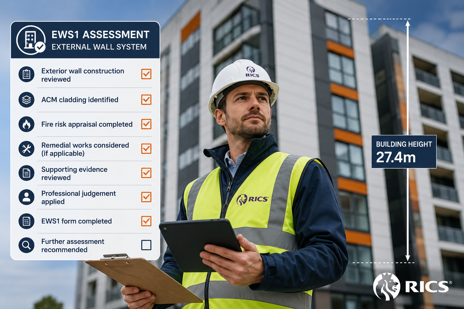 Wide-angle ground-level photograph of a chartered surveyor in a hard hat and hi-vis vest holding a clipboard and tablet,