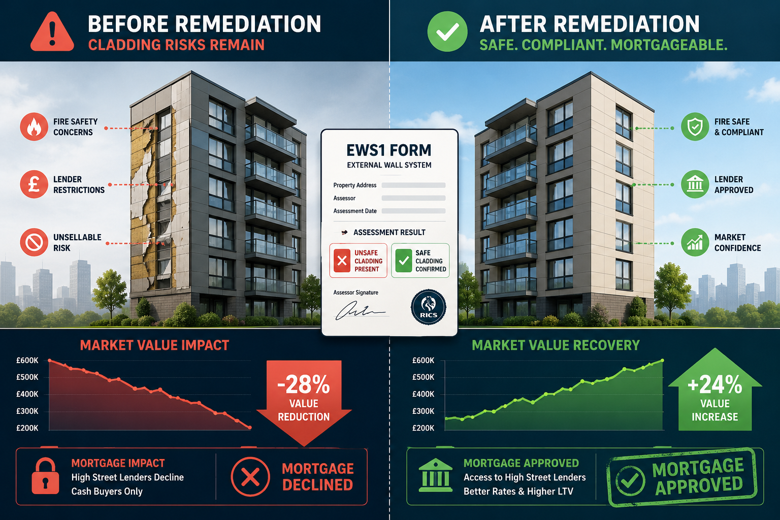 Split-screen infographic illustration in () showing two contrasting flat valuations side-by-side: left panel shows a