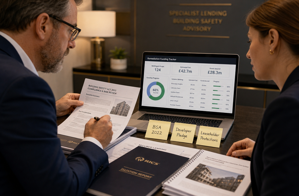 Close-up editorial photograph of a professional mortgage lender and RICS-registered valuer sitting across a desk reviewing