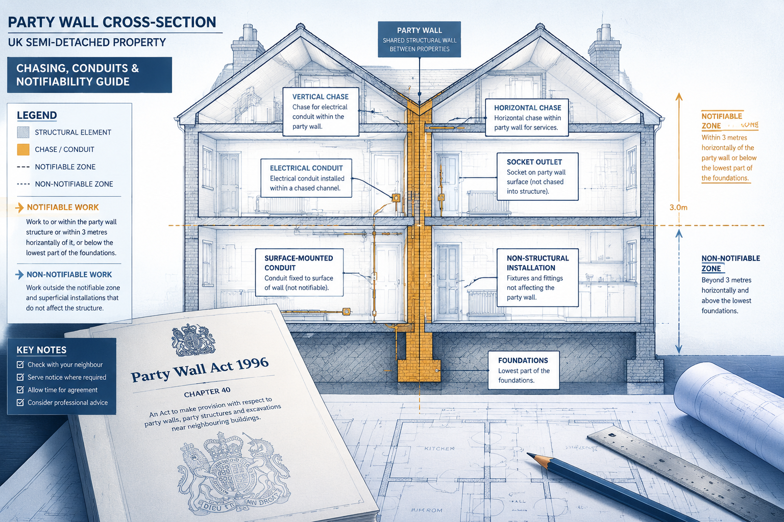 Detailed () infographic-style illustration showing a cross-section diagram of a UK semi-detached property party wall with