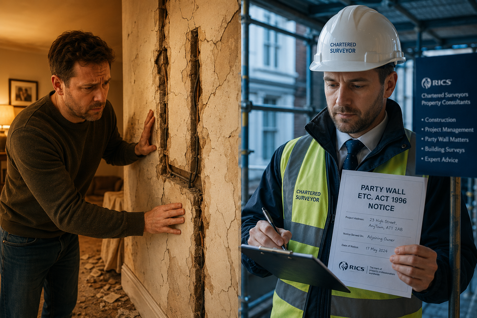 () showing a split-scene composition: on the left, a frustrated homeowner in a terraced house examining cracked plasterwork