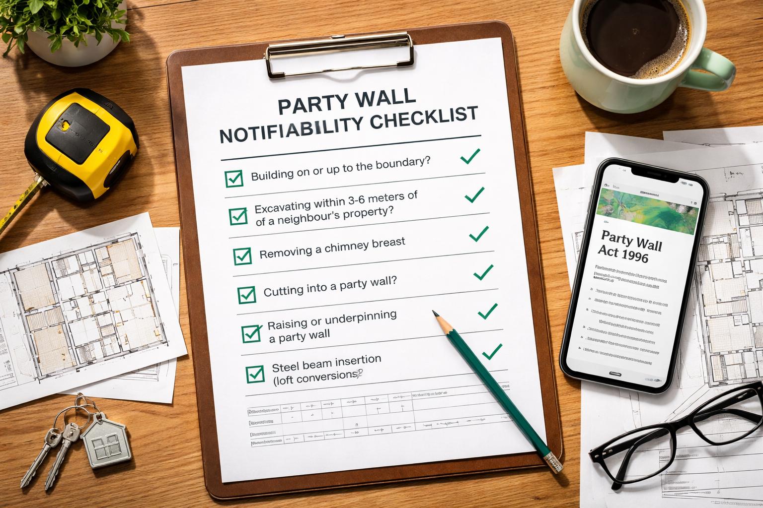 () showing an overhead flat-lay composition of a practical surveyor's checklist for party wall notifiability, with a printed