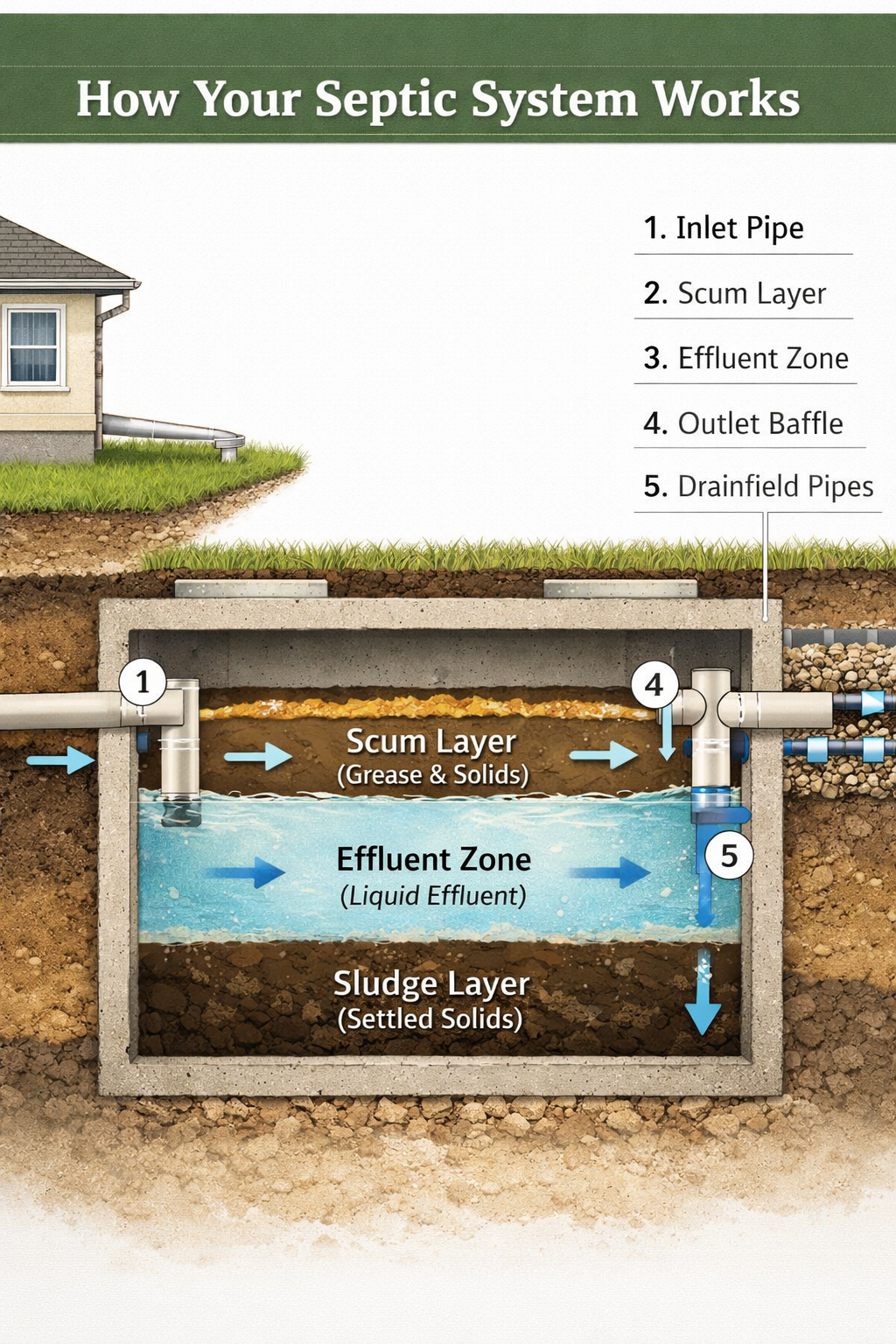 Portrait/Pinterest format () detailed infographic-style illustration showing a cross-section diagram of a residential septic