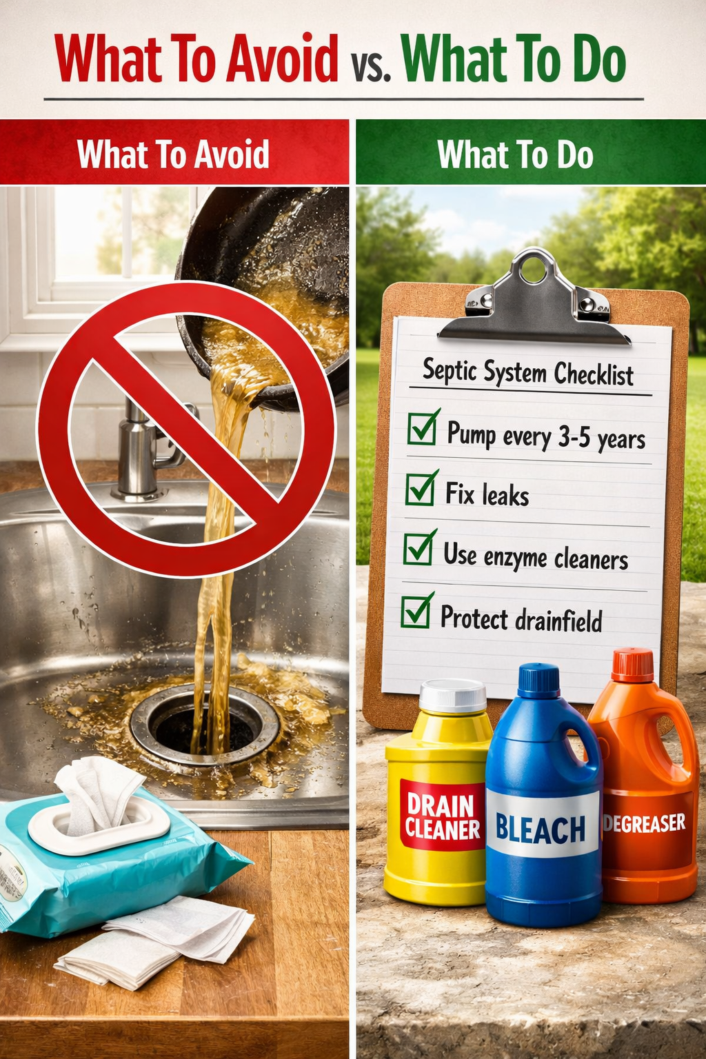 Portrait/Pinterest format () showing a split-scene composition: LEFT SIDE depicts a homeowner's kitchen sink with a 'DO NOT'