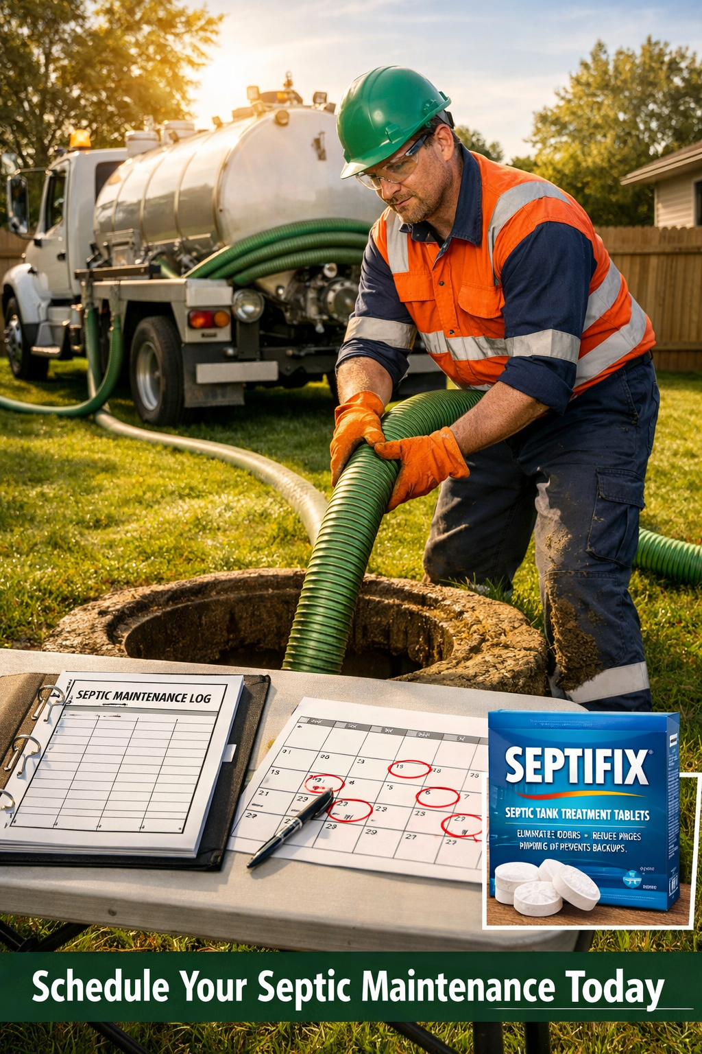 Portrait/Pinterest format () showing a professional septic service technician in safety gear using a vacuum pump truck hose