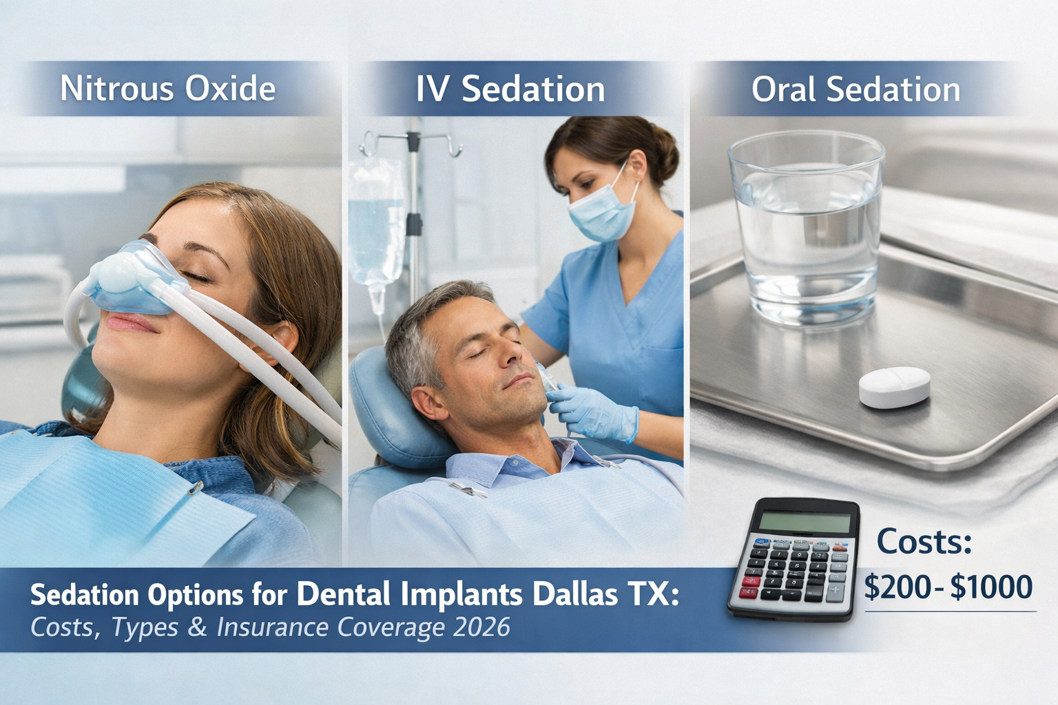 Landscape format (1536x1024) image illustrating different sedation types for dental implants. Focus on three distinct visual vignettes: a pa