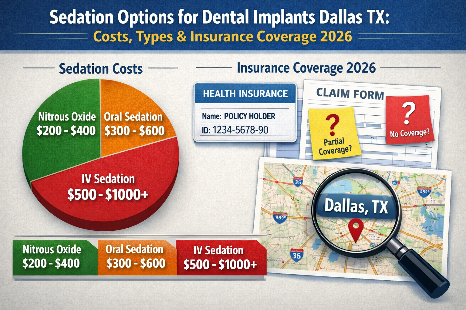 Landscape format (1536x1024) image depicting the financial aspects and insurance coverage for dental implant sedation in Dallas. Show a styl