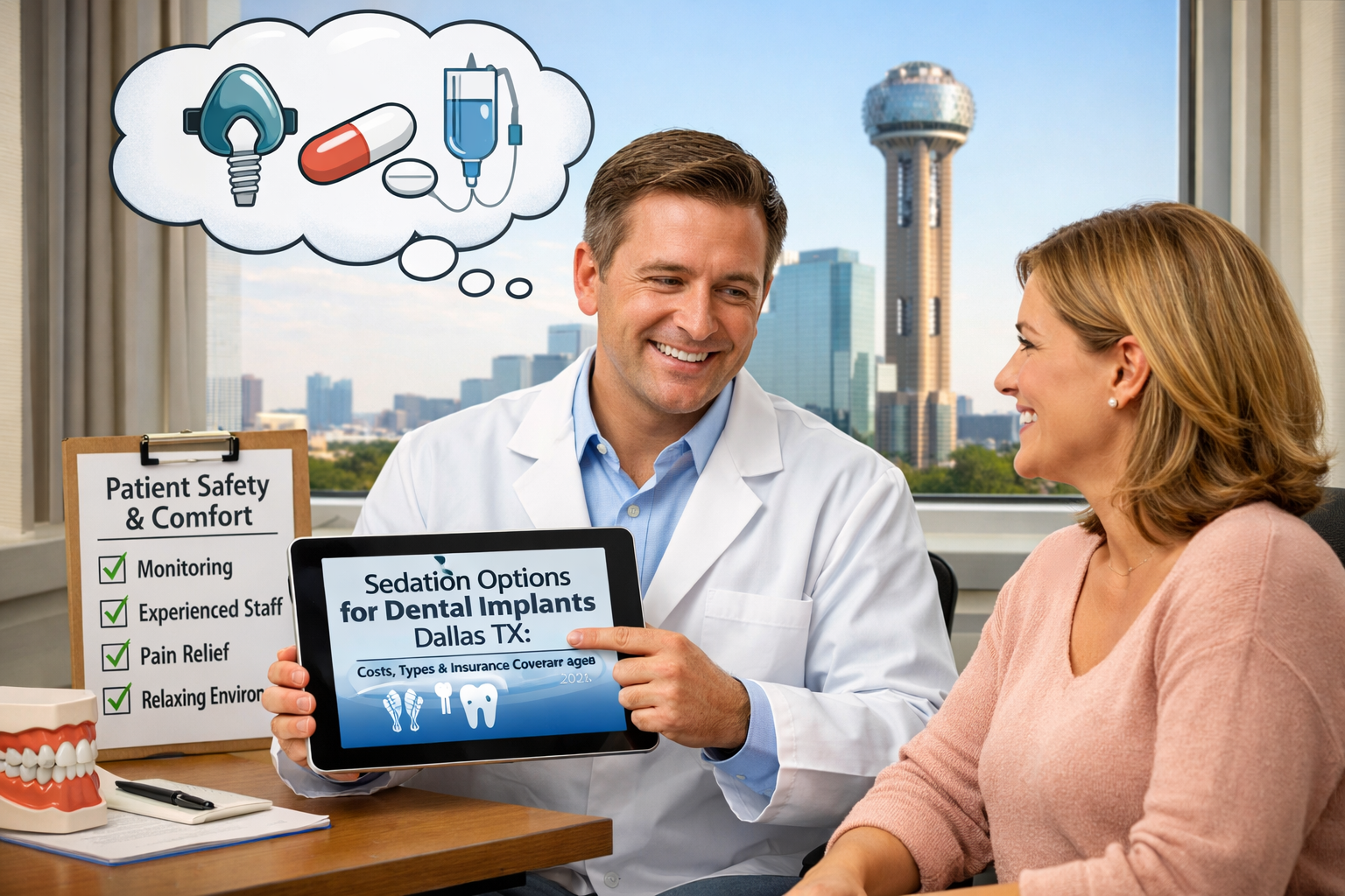 Landscape format (1536x1024) image showcasing a patient consultation with a Dallas dental professional discussing sedation options for denta