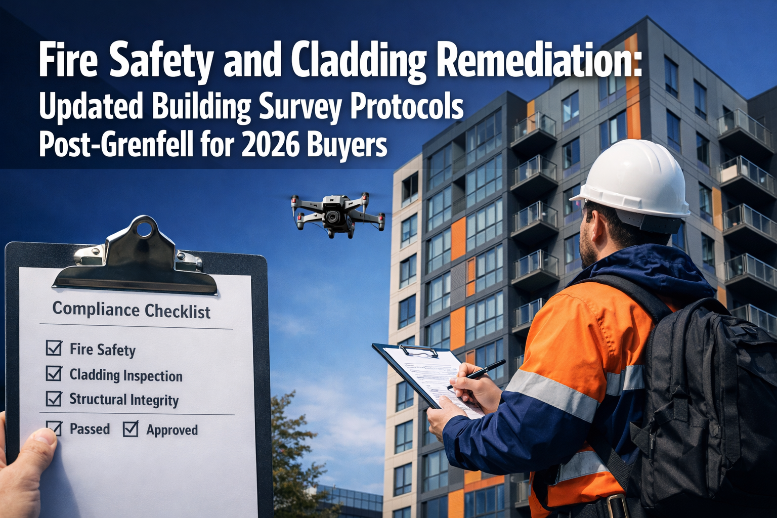 Professional landscape format (1536x1024) editorial hero image featuring bold text overlay 'Fire Safety and Cladding Remediation: Updated Bu