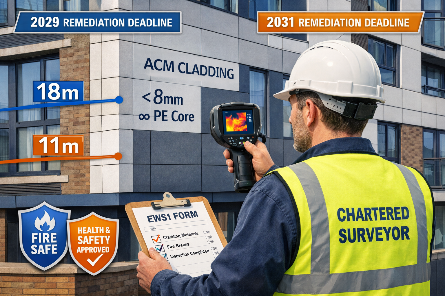 Detailed landscape format (1536x1024) image showing professional chartered surveyor conducting cladding inspection on residential building e