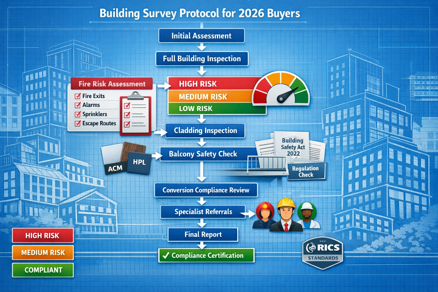 Comprehensive landscape format (1536x1024) infographic-style image displaying building survey protocol flowchart for 2026 buyers, central pa