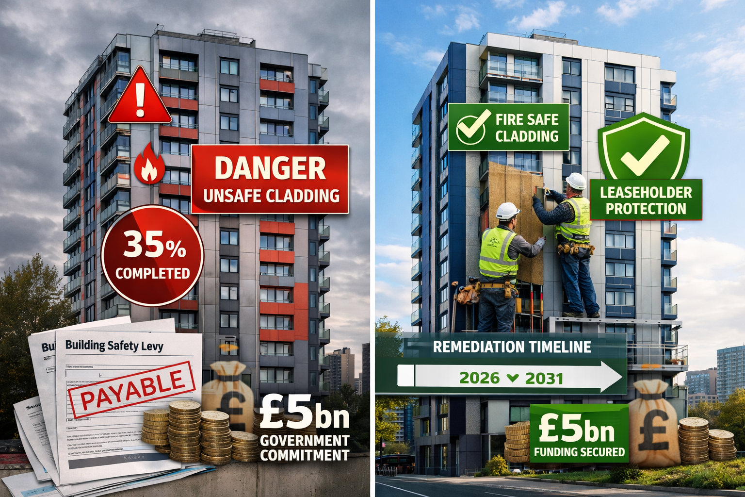 Detailed landscape format (1536x1024) image showing split-screen comparison of pre-remediation and post-remediation high-rise building, left