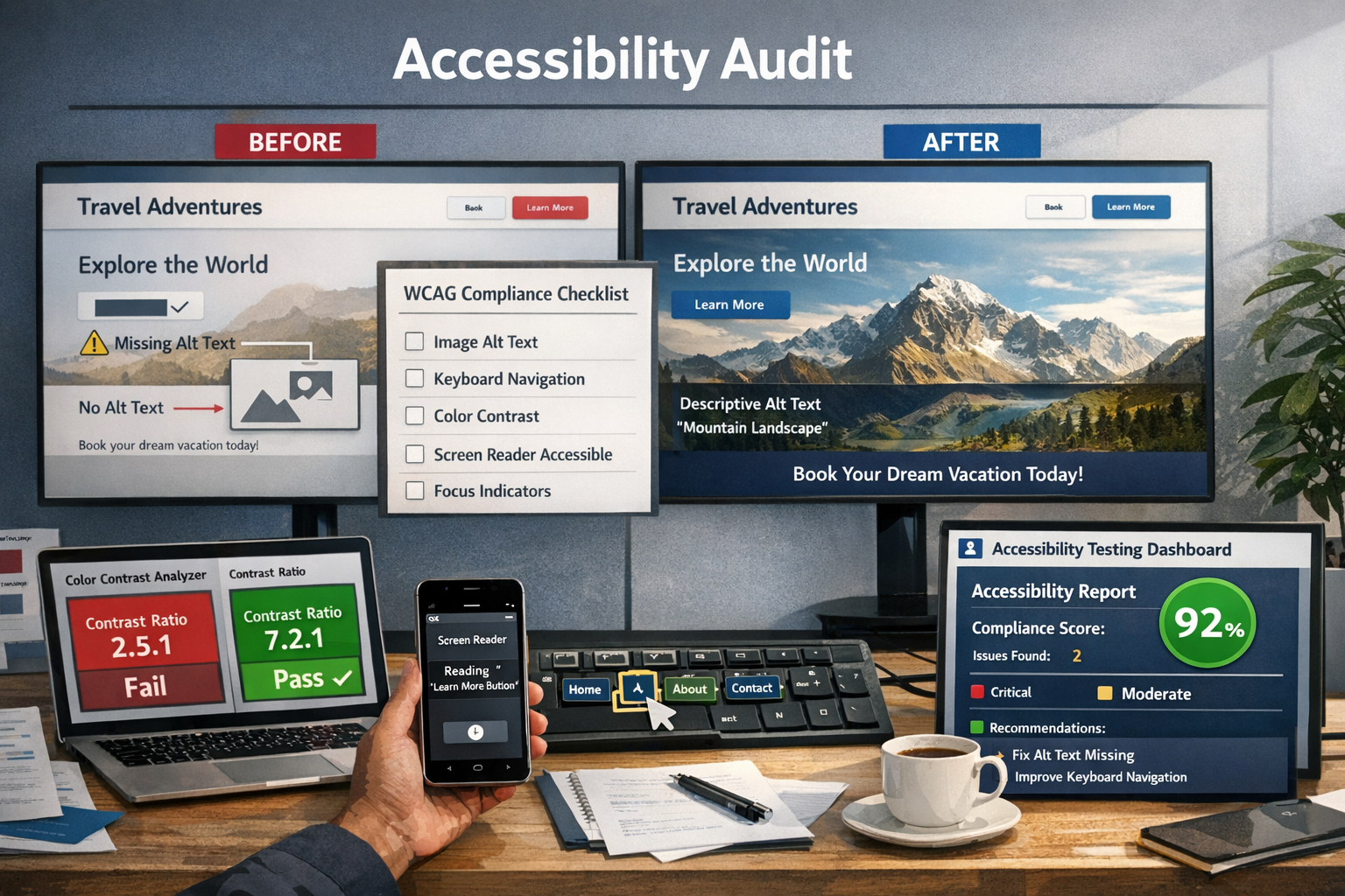 Detailed landscape format (1536x1024) image showing accessibility audit process with split-screen comparison of website before and after acc - Website Barrierefreiheit Agentur 2 Detailed landscape format (1536x1024) image showing accessibility audit process with split-screen comparison of website before and after acc