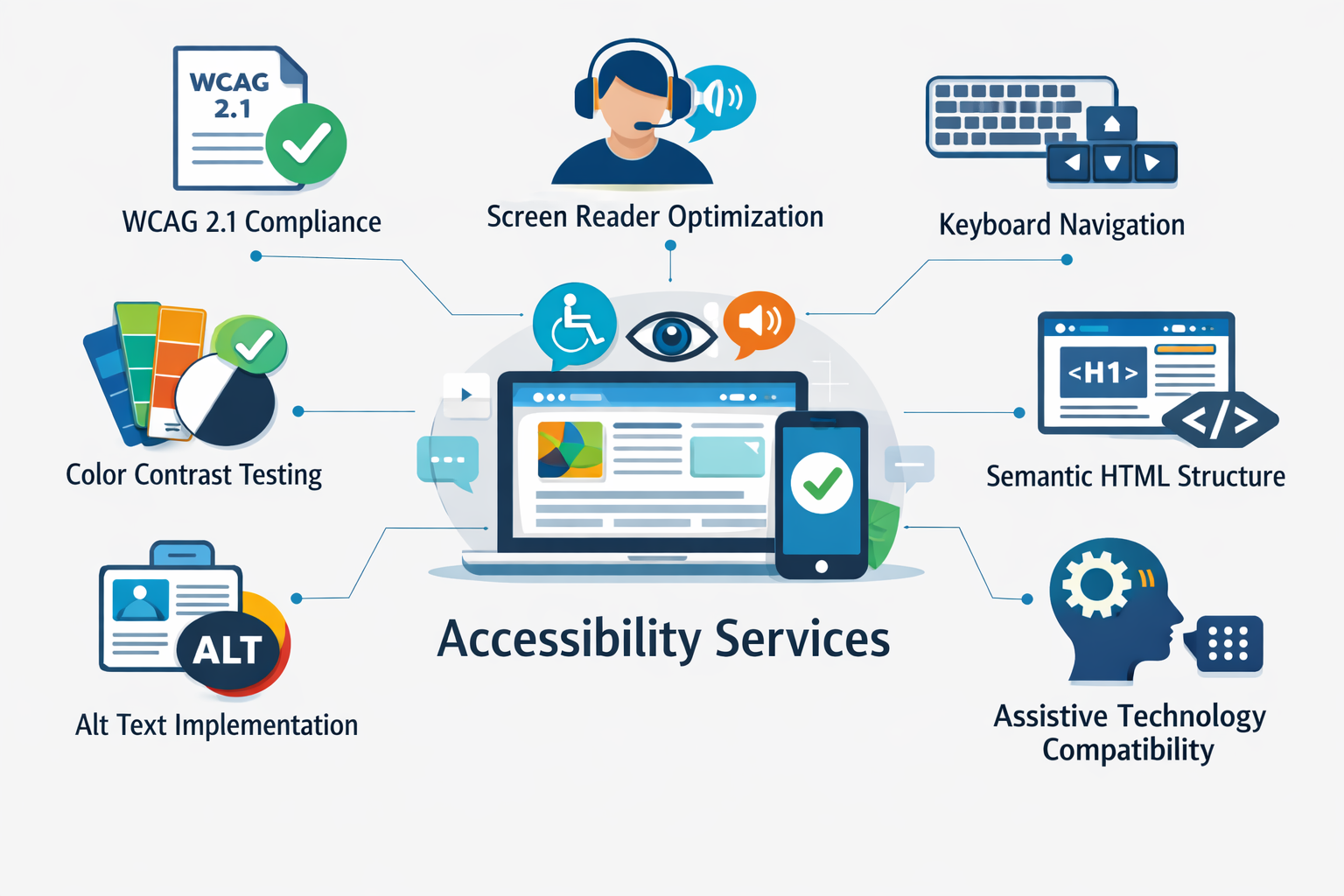 Professional landscape format (1536x1024) illustration depicting comprehensive accessibility services portfolio with icons representing WCAG - Website Barrierefreiheit Agentur 3 Professional landscape format (1536x1024) illustration depicting comprehensive accessibility services portfolio with icons representing WCAG