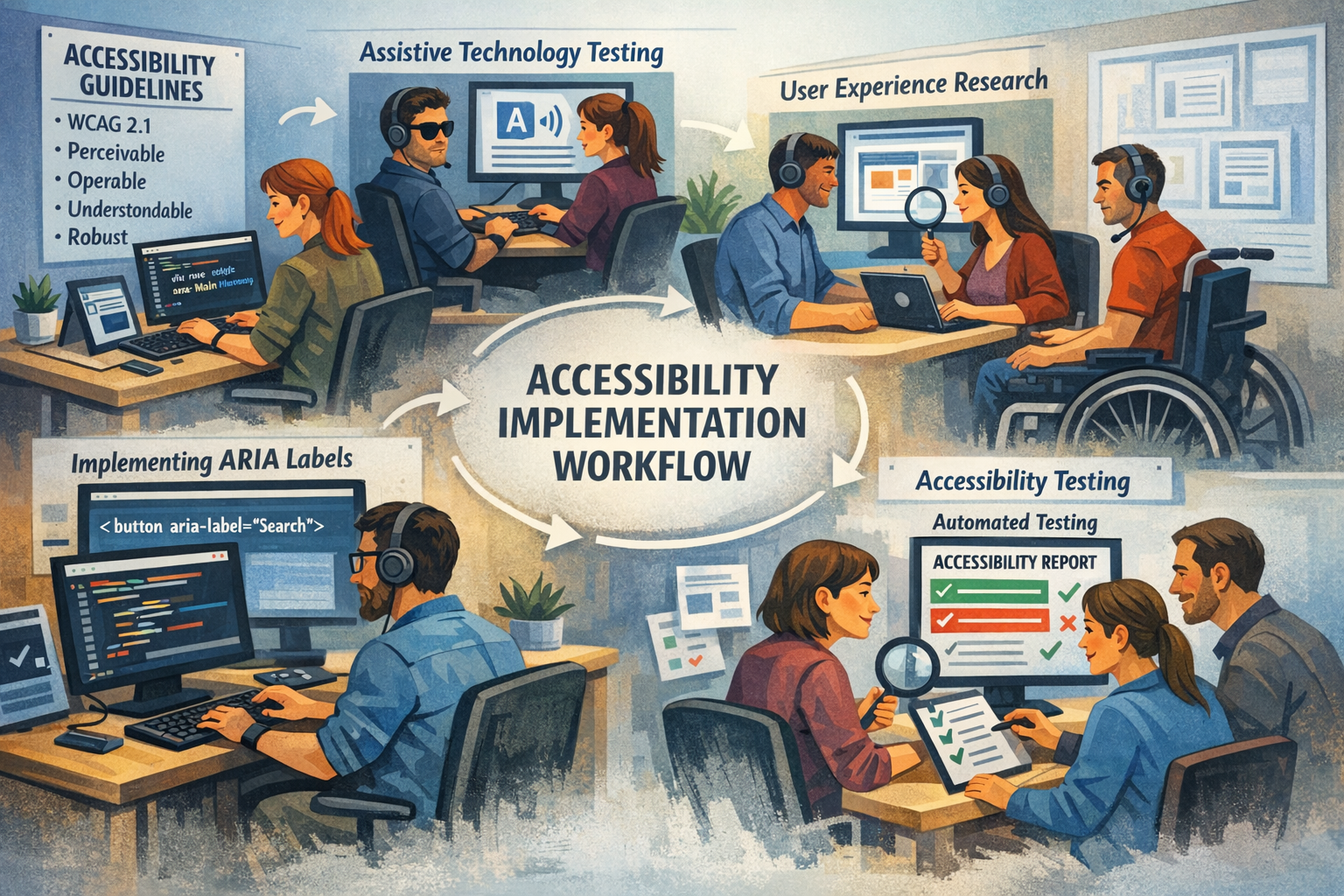 Landscape format (1536x1024) image showcasing accessibility implementation workflow with development team coding accessible websites, testin - Website Barrierefreiheit Agentur 4 Landscape format (1536x1024) image showcasing accessibility implementation workflow with development team coding accessible websites, testin