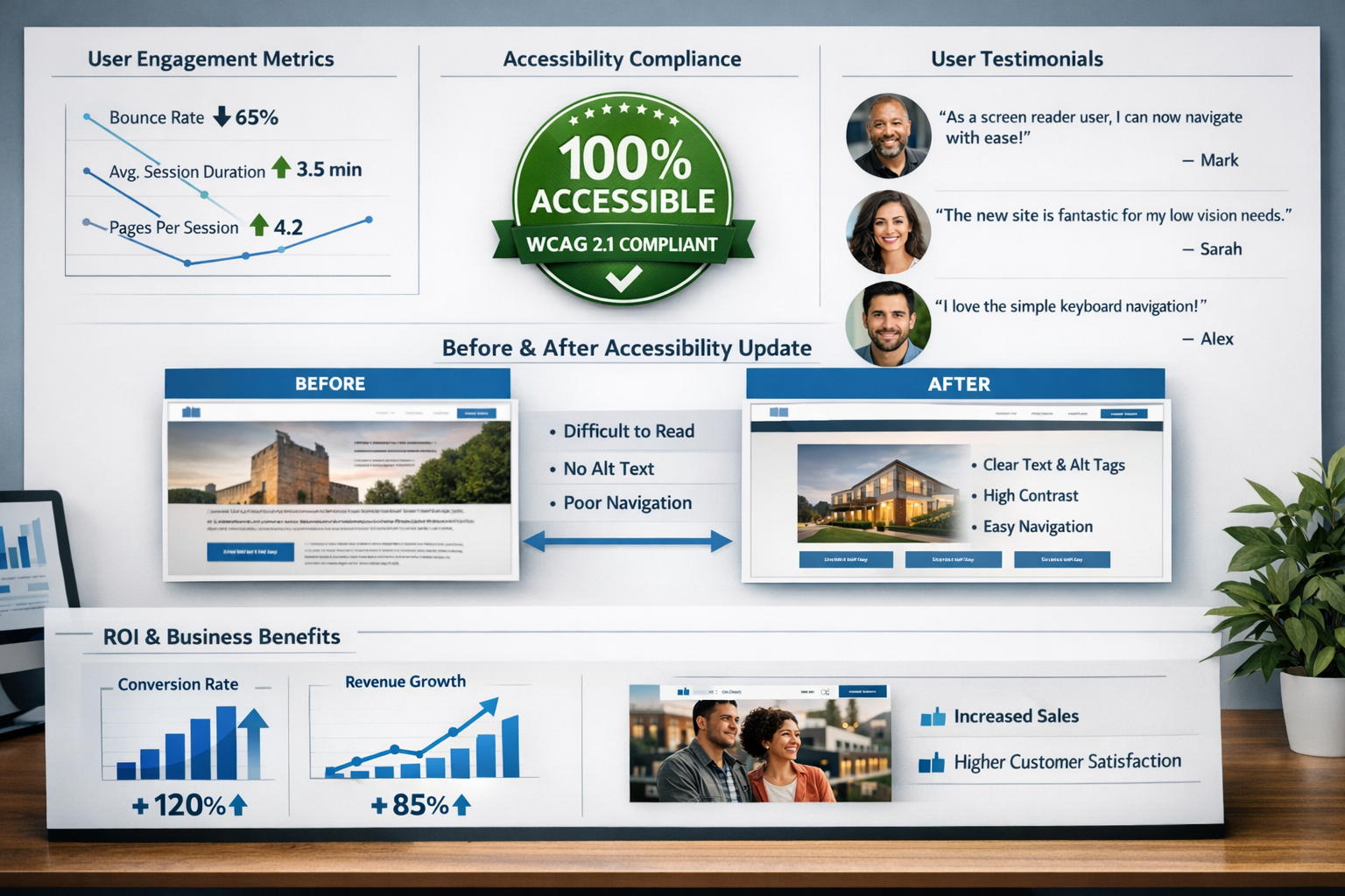 Professional landscape format (1536x1024) visualization of successful accessibility transformation results showing website analytics dashboa - Website Barrierefreiheit Agentur 5 Professional landscape format (1536x1024) visualization of successful accessibility transformation results showing website analytics dashboa