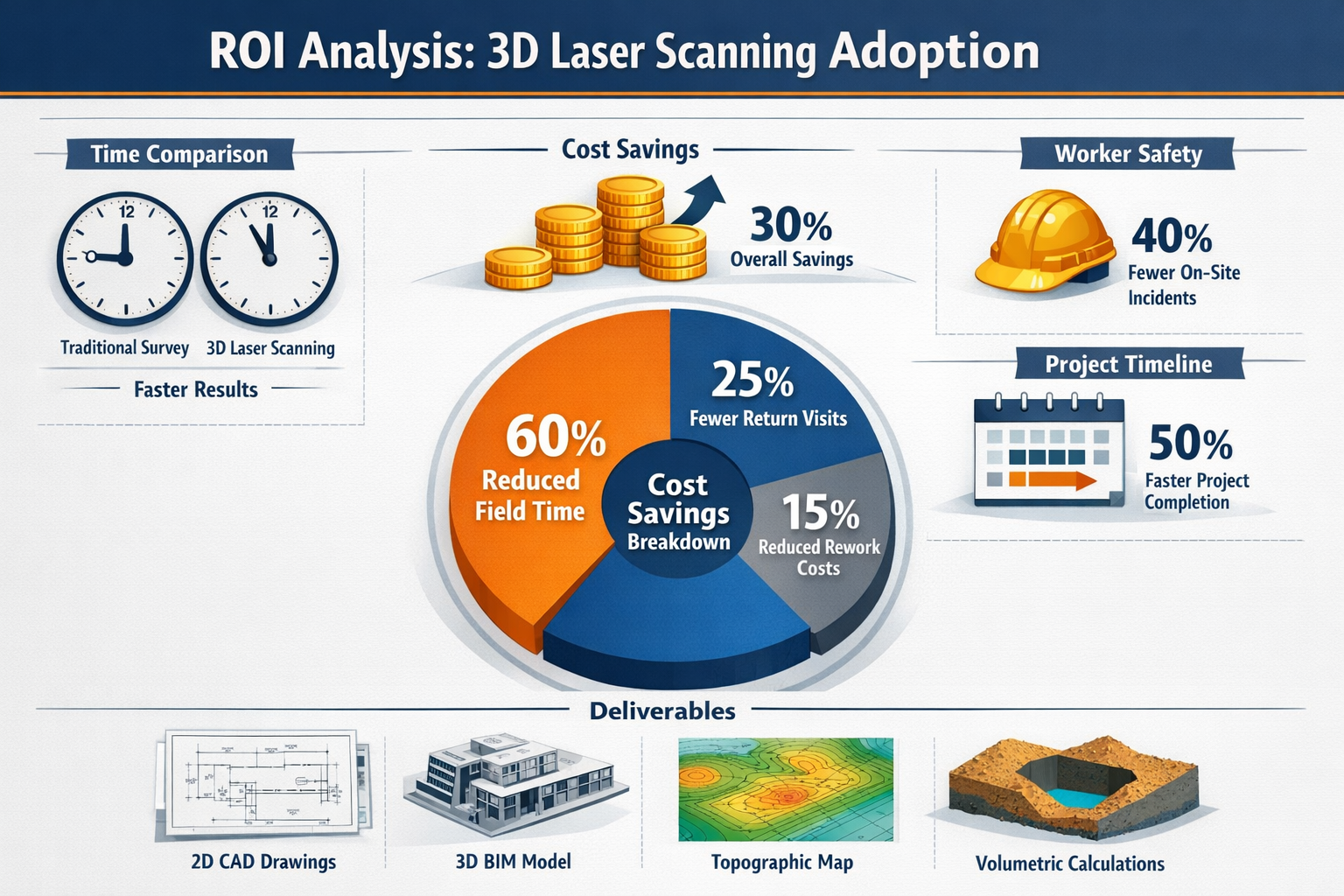 Detailed landscape format (1536x1024) infographic showing ROI analysis dashboard for 3D laser scanning adoption. Central pie chart breaking