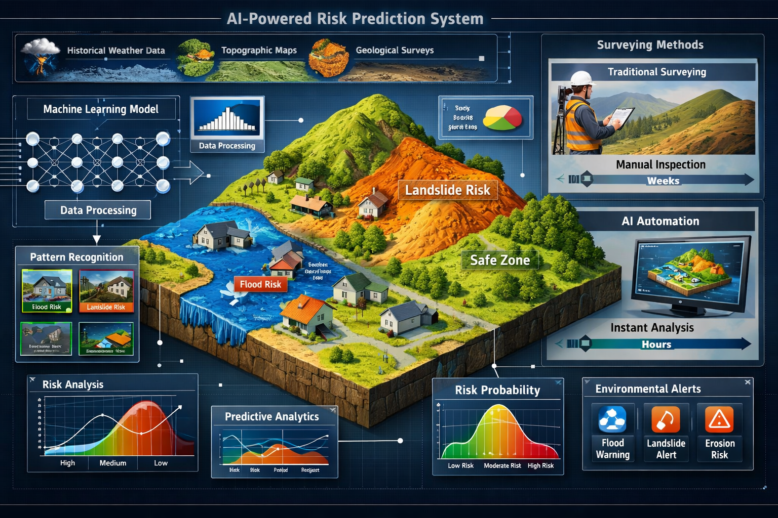Landscape format (1536x1024) detailed illustration showing AI-powered risk prediction system for property surveying. Central focus on large