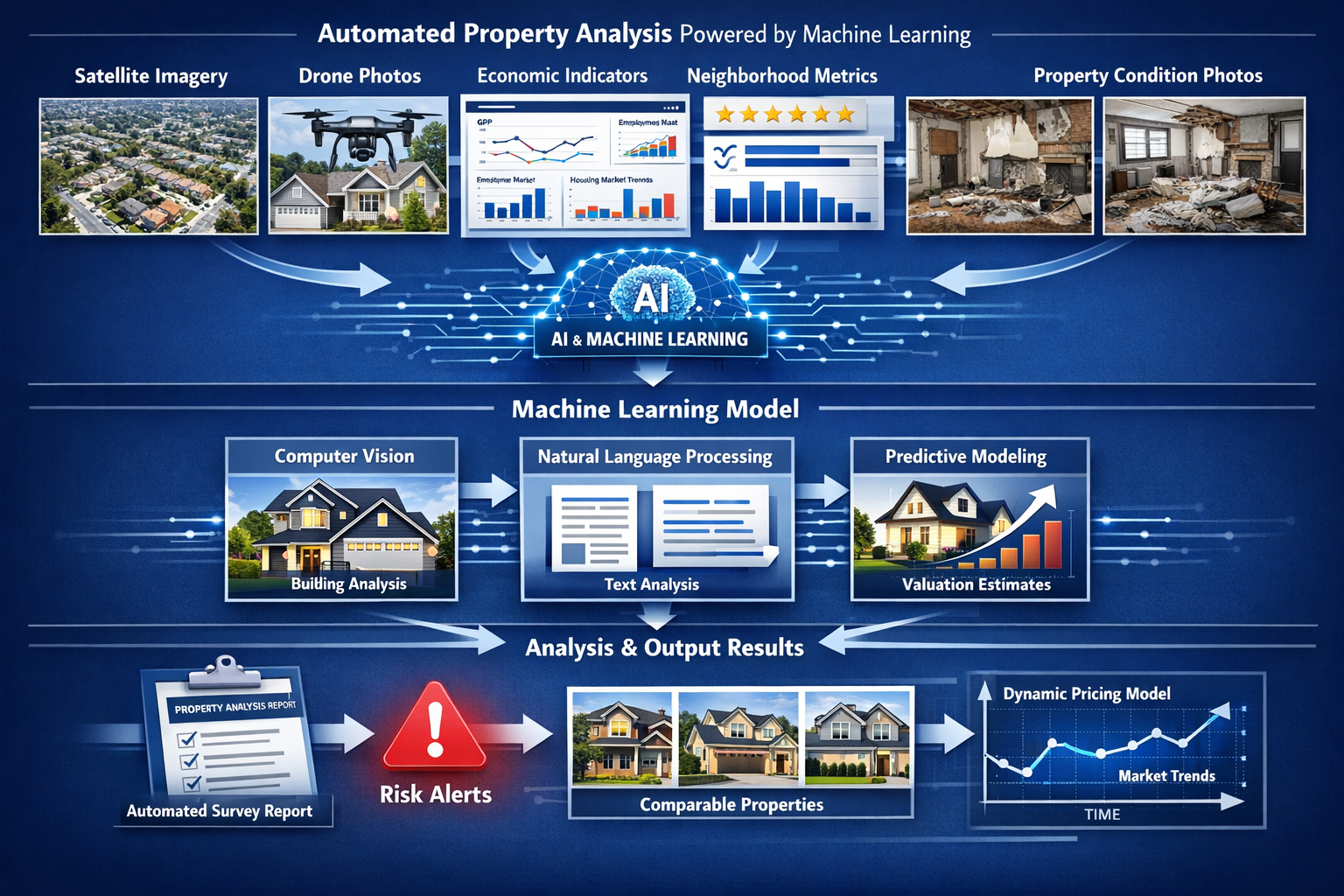 Landscape format (1536x1024) comprehensive infographic illustrating automated property analysis workflow powered by machine learning. Top se