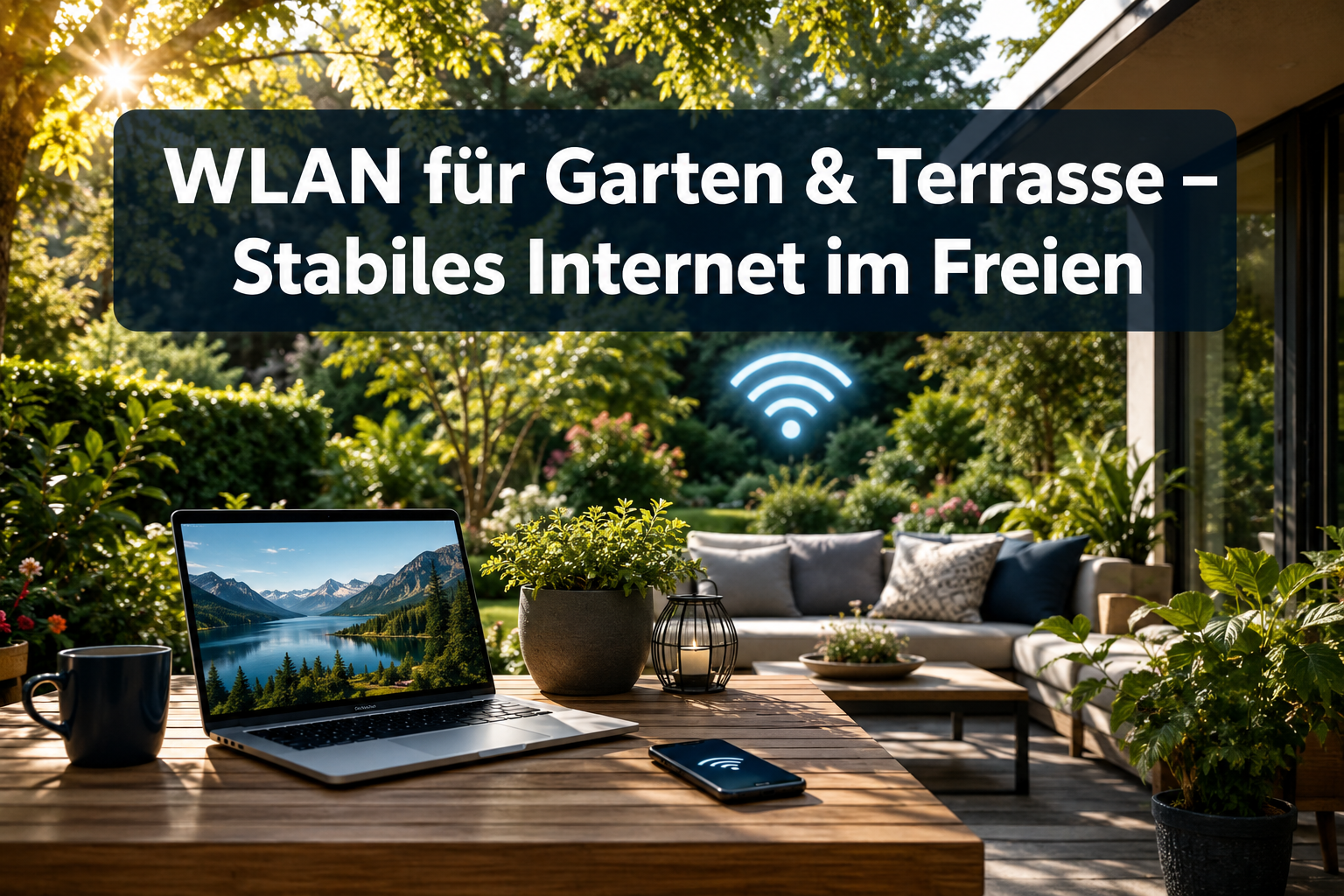 Professional () hero image with 'WLAN für Garten & Terrasse – Stabiles Internet im Freien' in extra large white with dark
